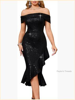 Sequined Off Shoulder Midi Dress with Ruffle Hem